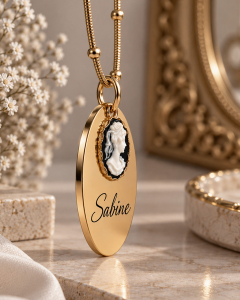 Preview: Personalisierte Namenskette aus Edelstahl,  Vintage Style,  Gravur Kette Gold , Cameo Halskette, Viktorianisch, Geschenk für Mama, Schwester